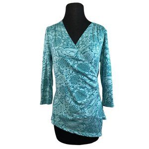 Nomadic Traders Size Small Turquoise Floral Print Surplice Front Top